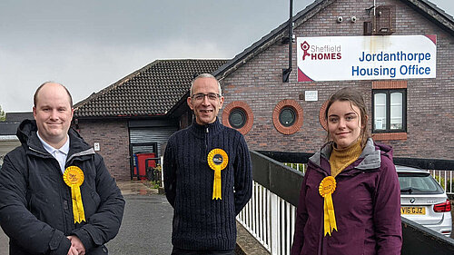 Liberal Democrat councillors standing in front of Jordonthorpe Housing Office